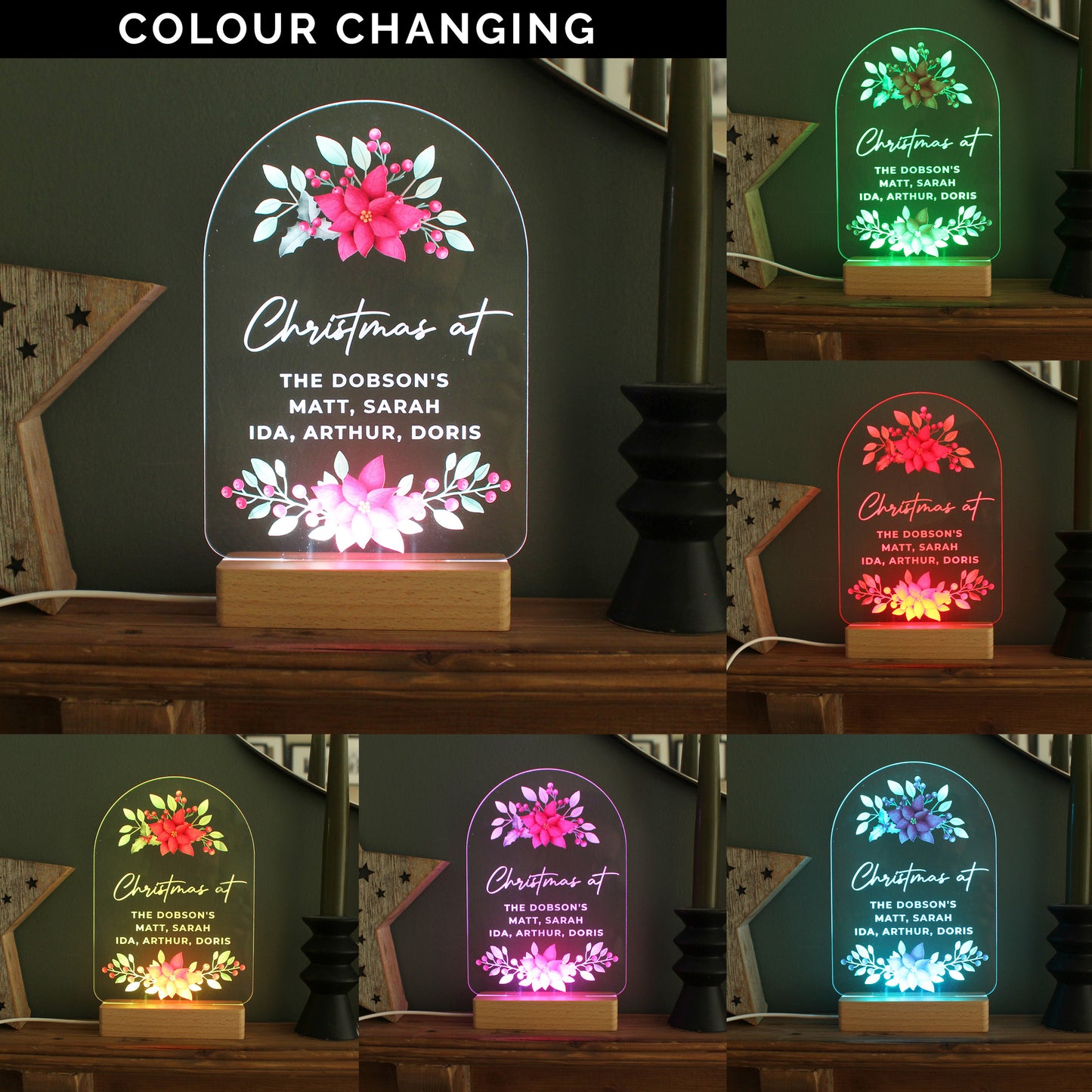 Personalised Christmas Poinsettia Wooden Based LED Light - Personalise It!