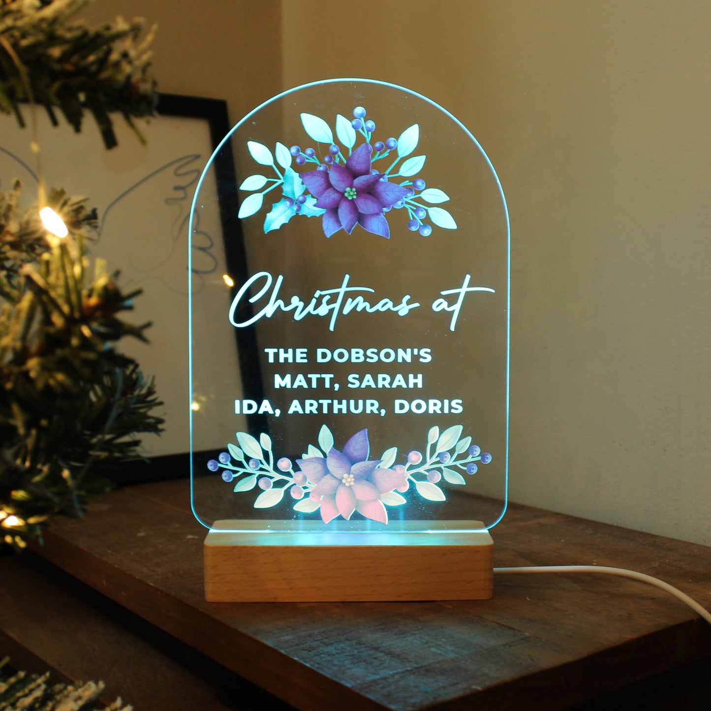Personalised Christmas Poinsettia Wooden Based LED Light - Personalise It!