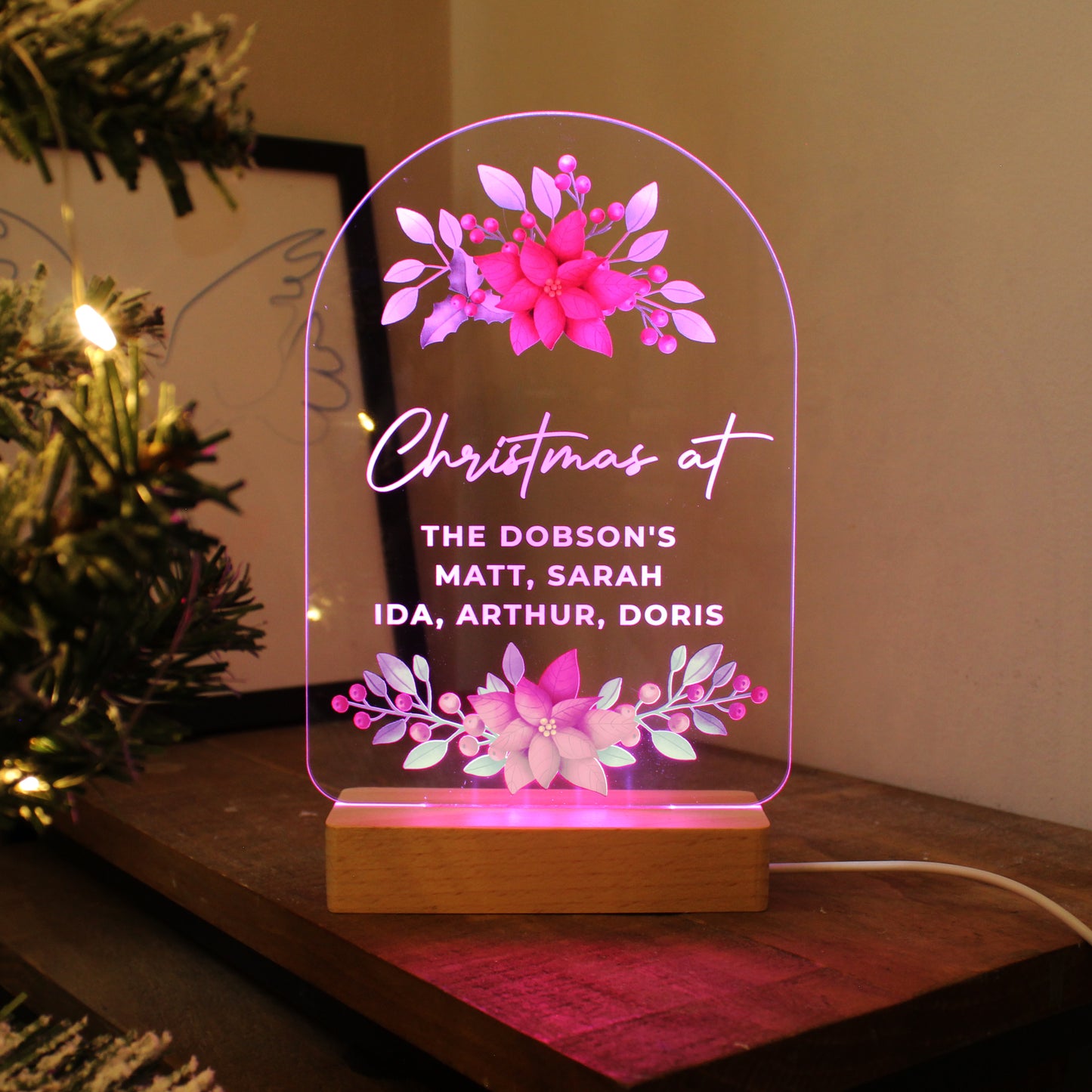 Personalised Christmas Poinsettia Wooden Based LED Light - Personalise It!