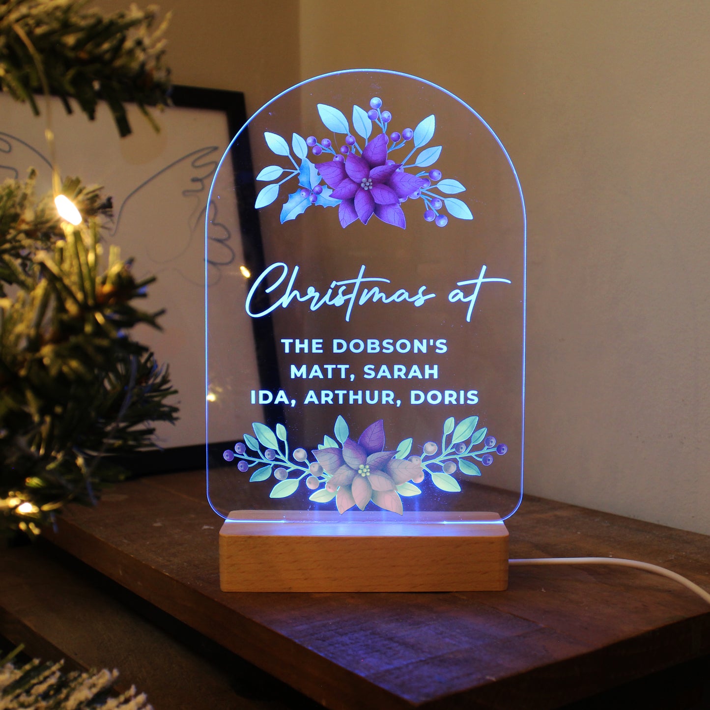 Personalised Christmas Poinsettia Wooden Based LED Light - Personalise It!