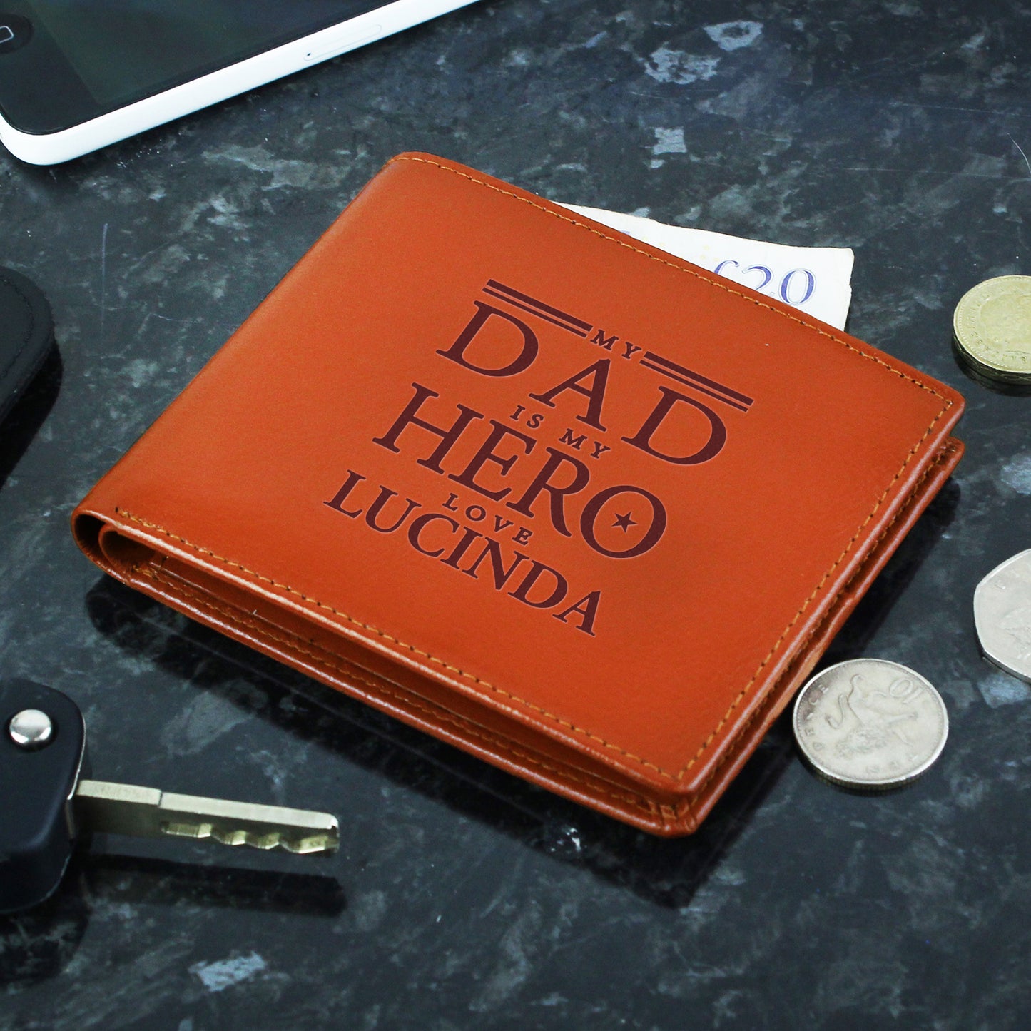 Personalised My Dad is My Hero Tan Leather Wallet - Personalise It!
