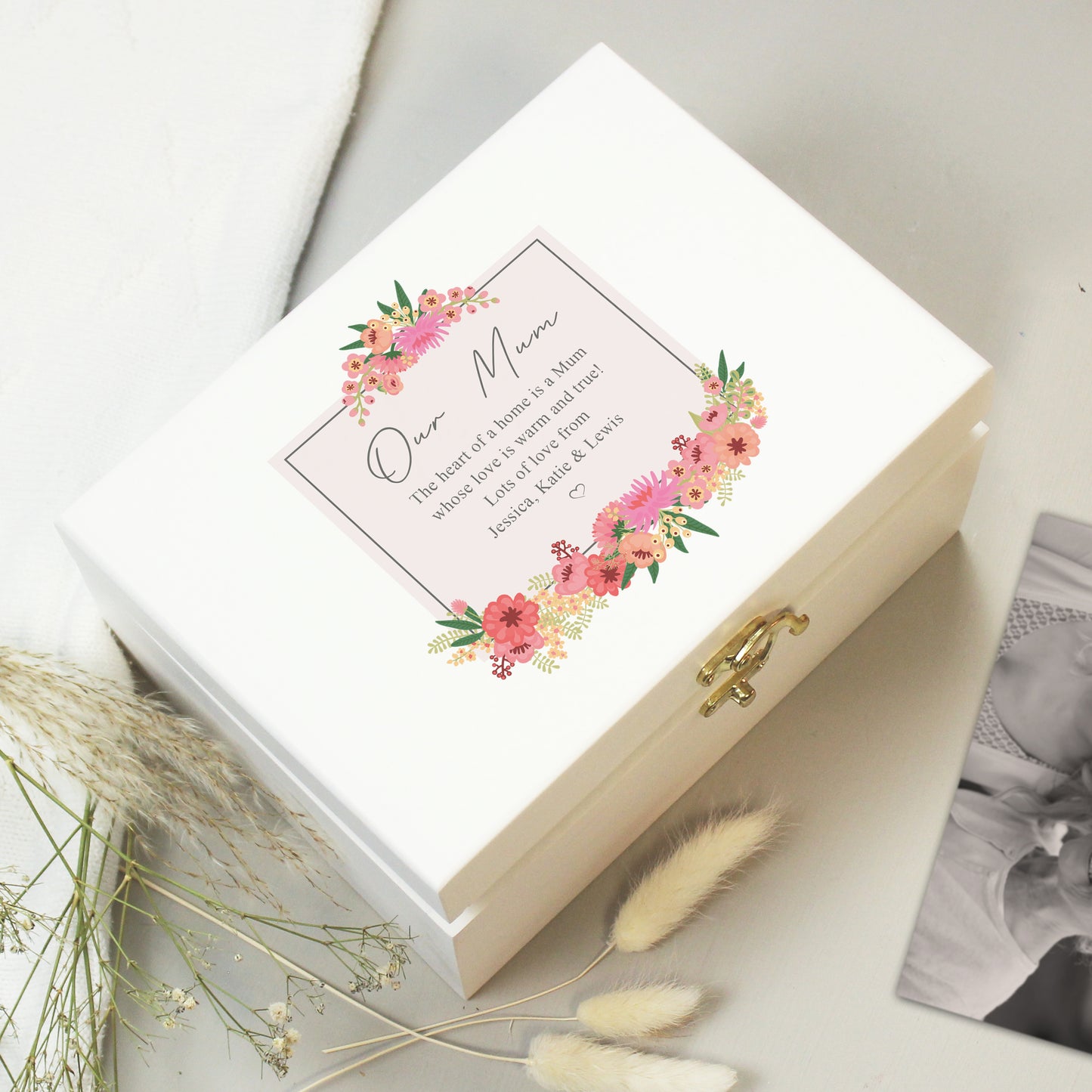 Personalised Floral Wishes White Wooden Keepsake Box - Personalise It!