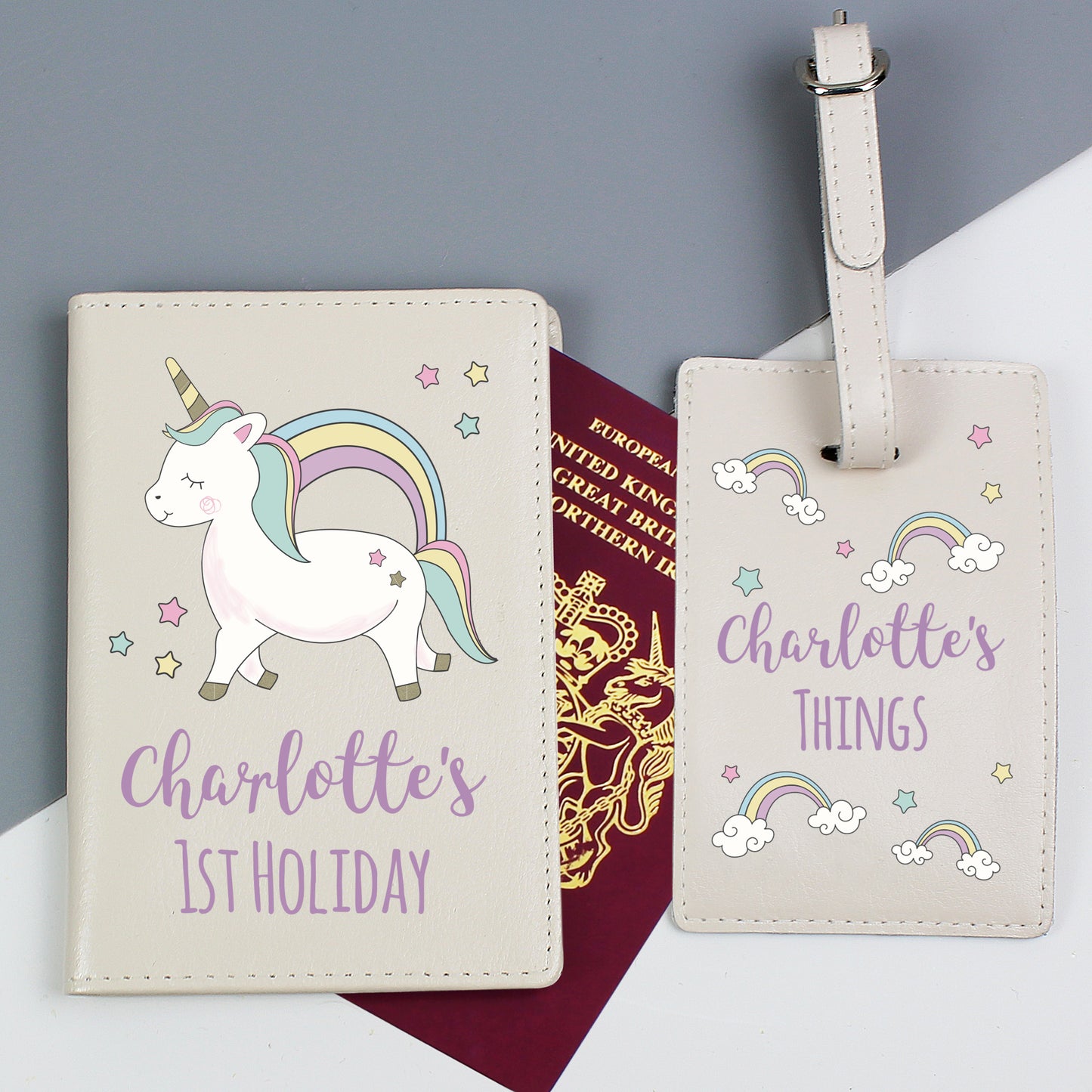 Personalised Baby Unicorn Cream Passport Holder & Luggage Tag Set - Personalise It!