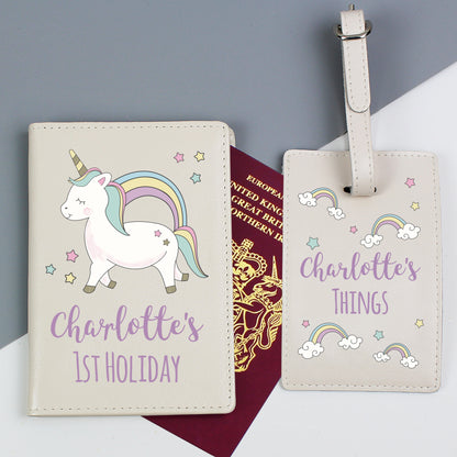 Personalised Baby Unicorn Cream Passport Holder & Luggage Tag Set - Personalise It!