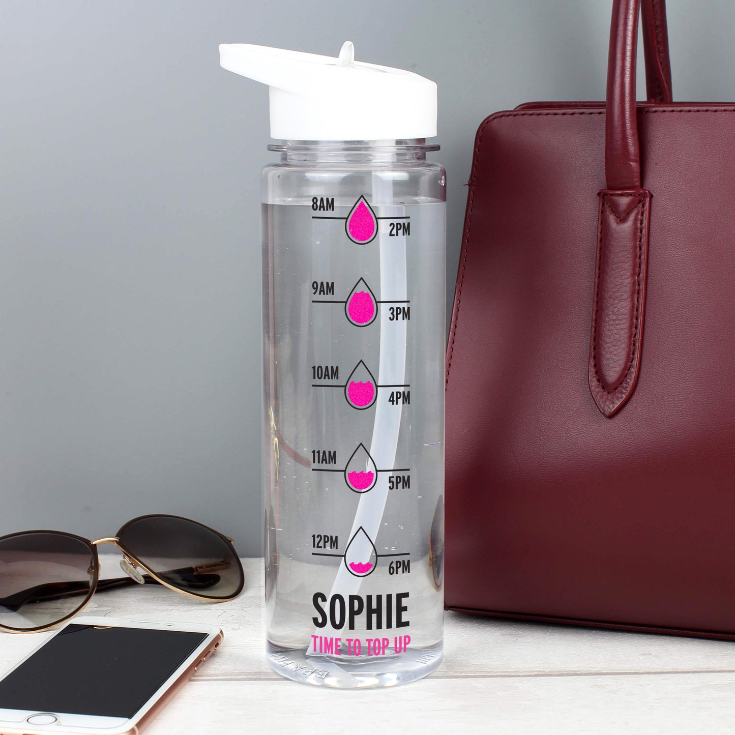 Personalised Pink 'Hydration Tracker' Island Water Bottle - Personalise It!