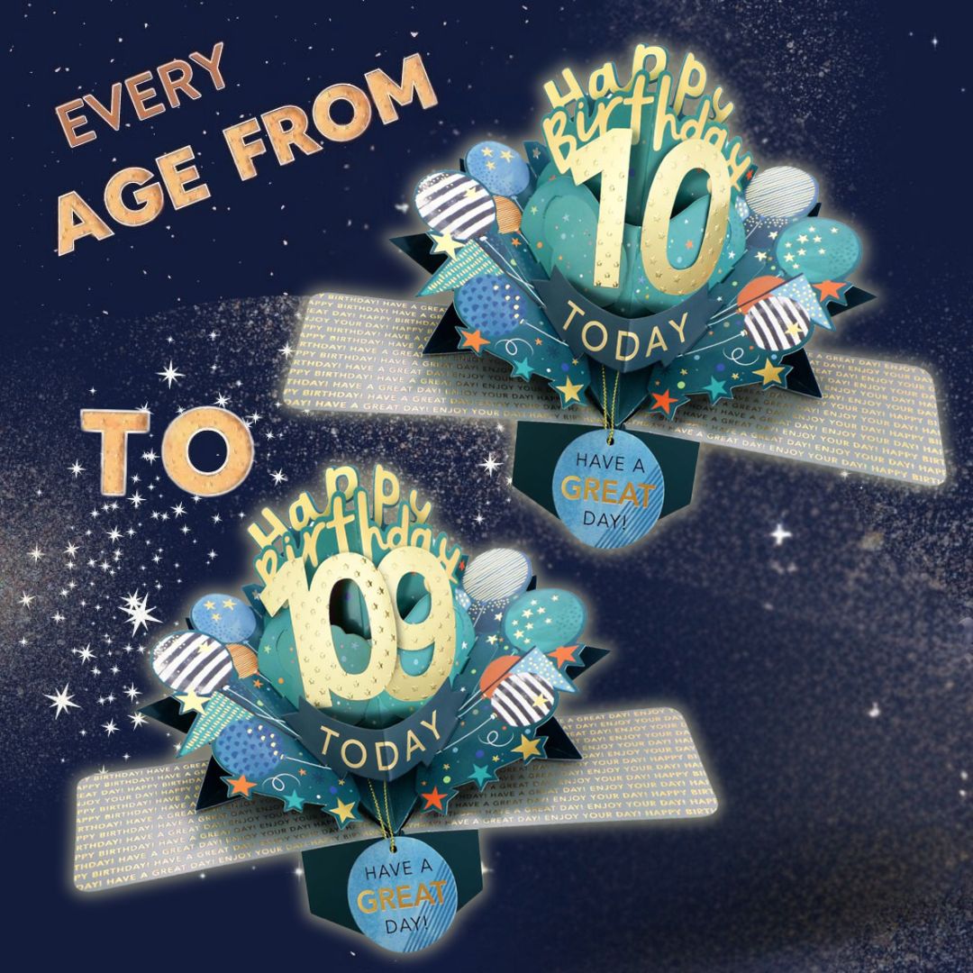 10 To 109' Happy 'Any Age' Birthday Today Pop Up Greeting Card