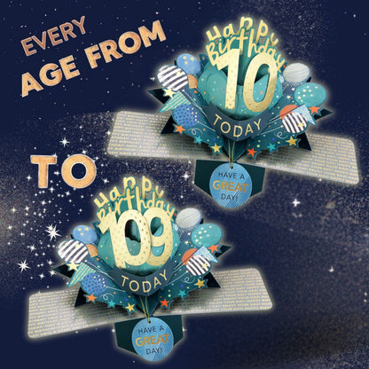 10 To 109' Happy 'Any Age' Birthday Today Pop Up Greeting Card