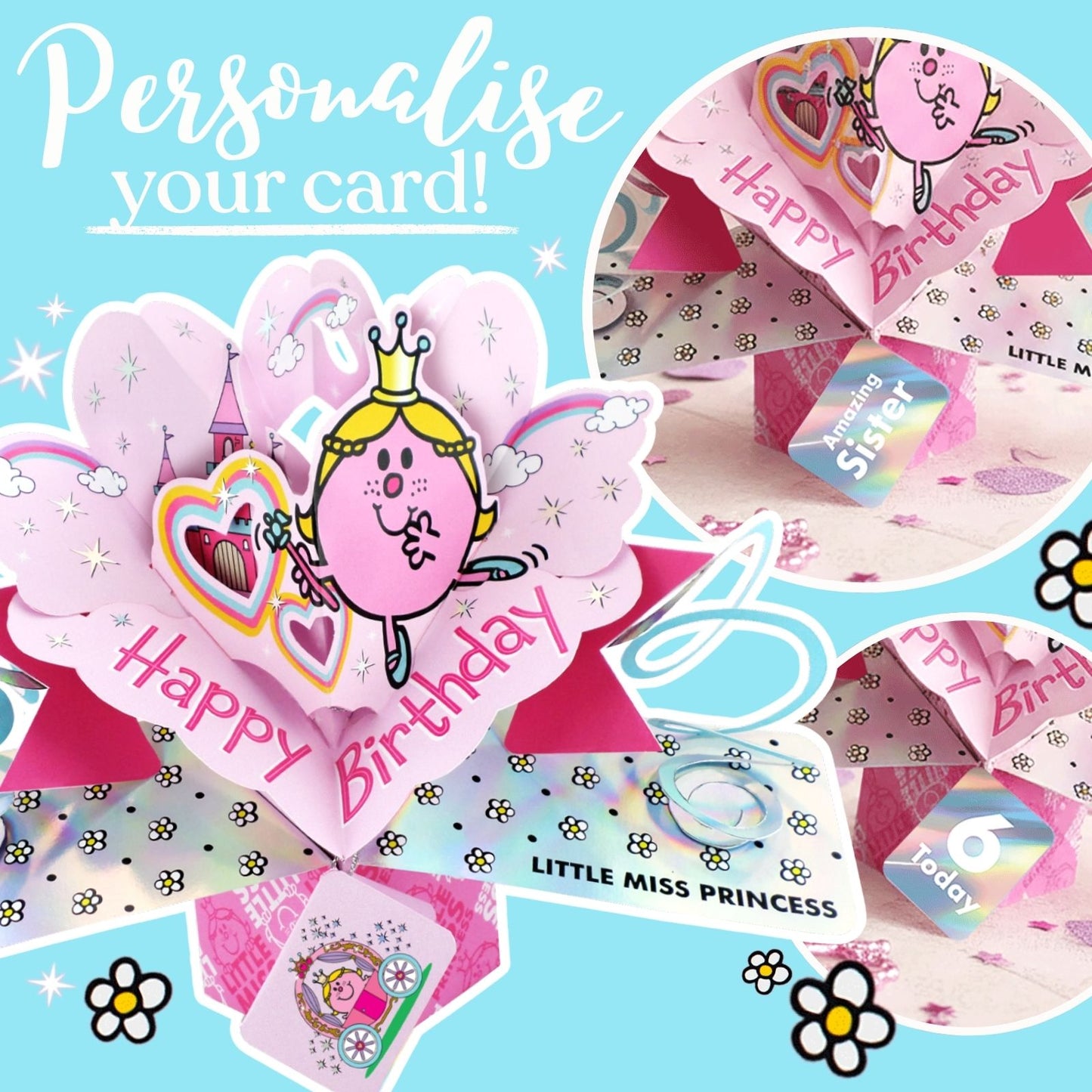 Personalised Mr. Men Little Miss Princess 3D Pop Up Birthday Card Licensed Card For Her