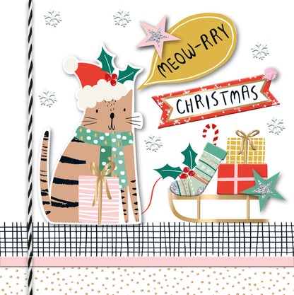 Festive Cat Merry Christmas Presents & Sleigh Christmas Card