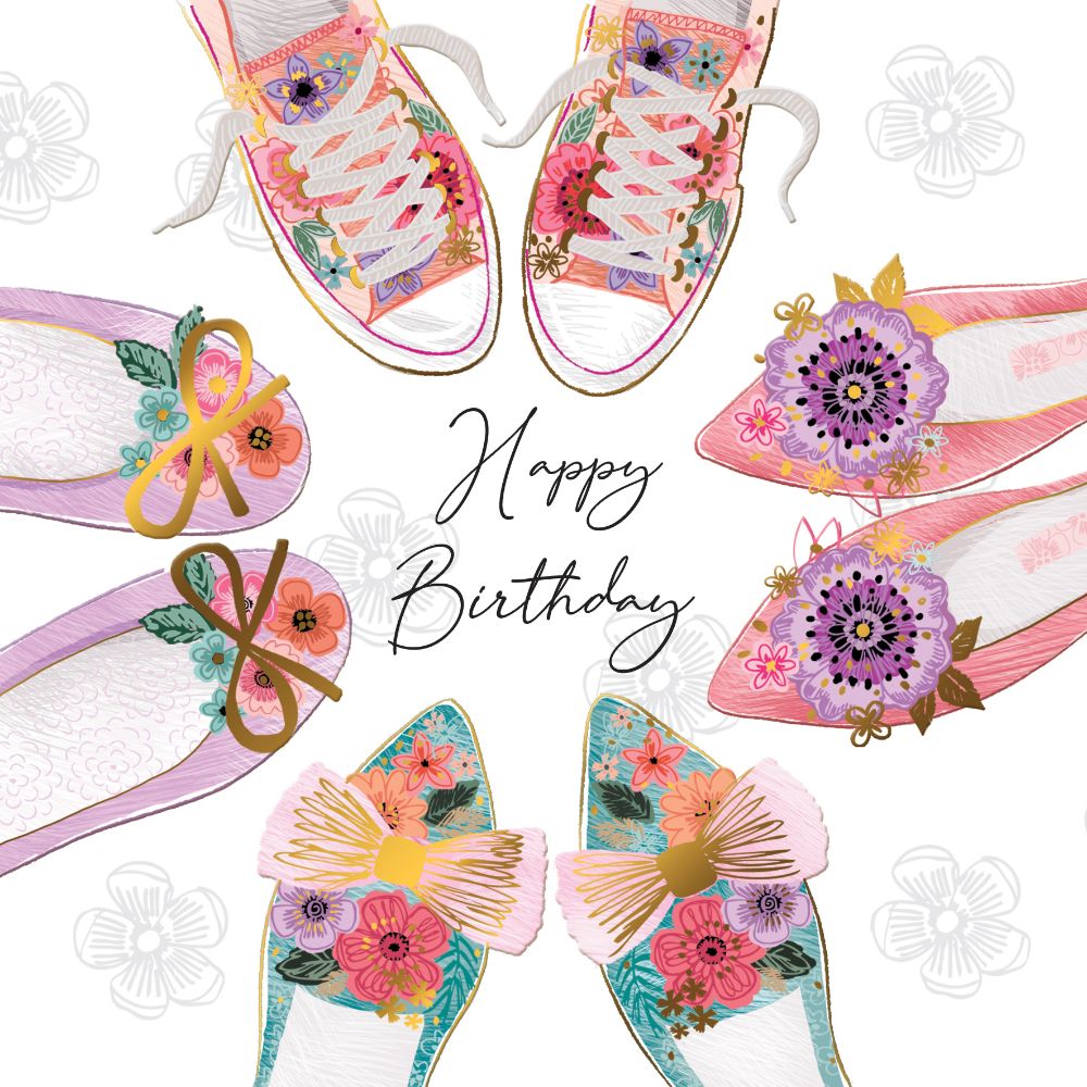 Happy Birthday Pretty Shoes Gold Foiled Birthday Greeting Card