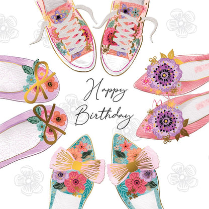 Happy Birthday Pretty Shoes Gold Foiled Birthday Greeting Card