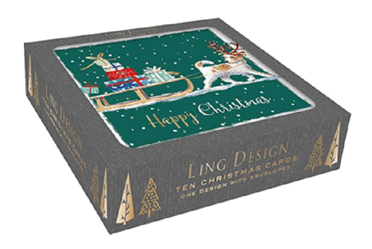 Box of 10 Furry Christmas Helper Gold Foiled Christmas Cards
