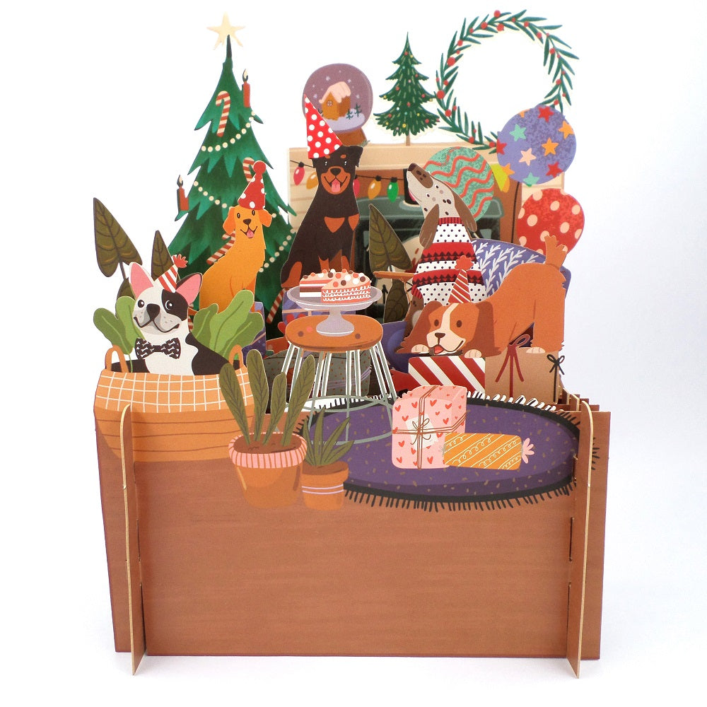 Dog's Xmas Party With Presents 3D Pop Up Christmas Greeting Card