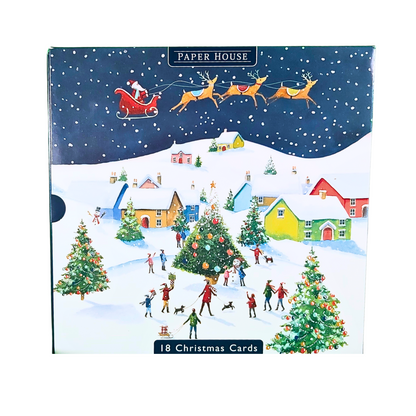 Box of 18 Paper House Festive Snowy Village Scene Christmas Cards