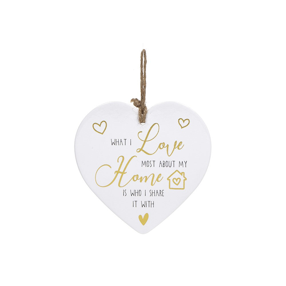 Golden Sentiments Home Love Who I share It With Ceramic Heart Shaped Plaque