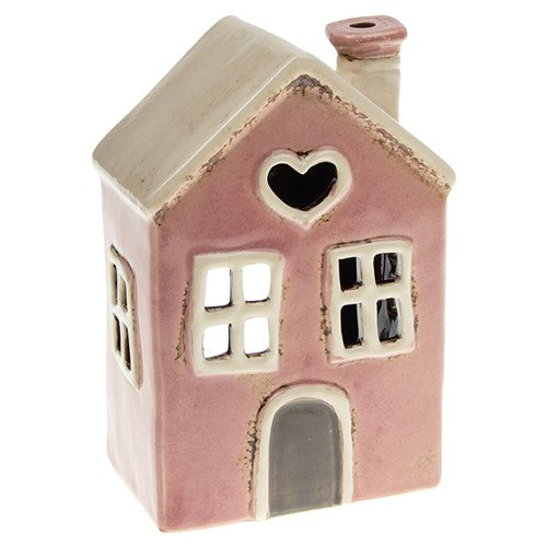 Village Pottery Ceramic Pink House Candle & Tea Light Holder