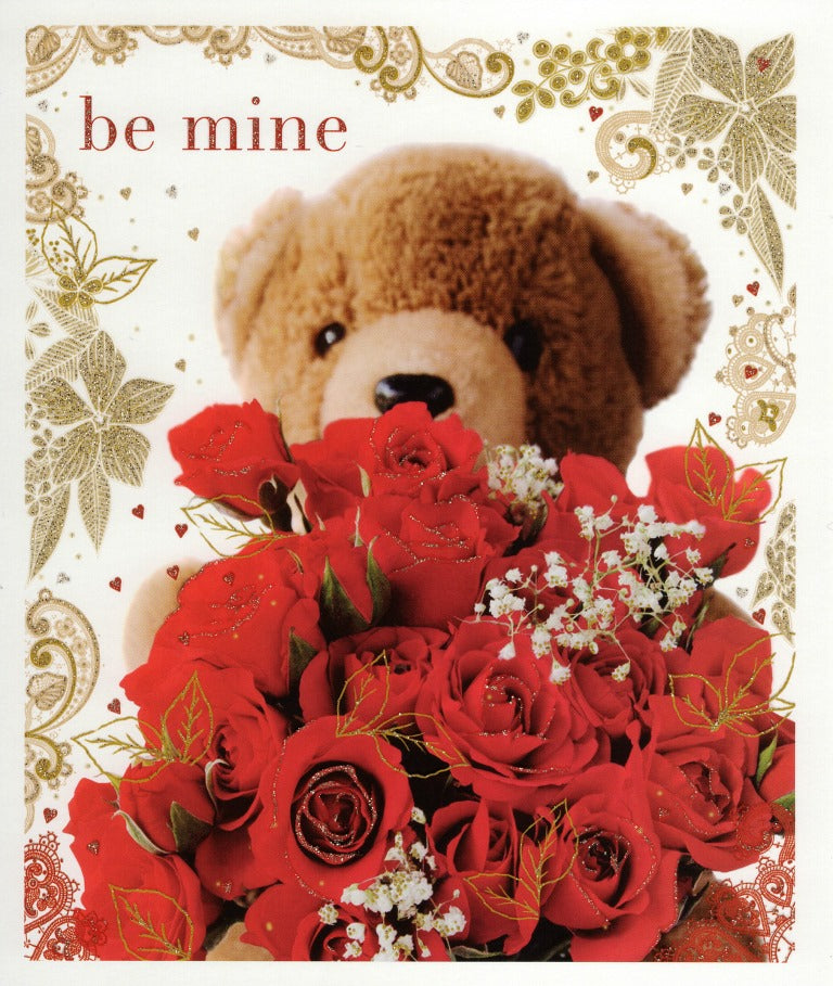 Be Mine Teddy & Roses Valentine's Greeting Card