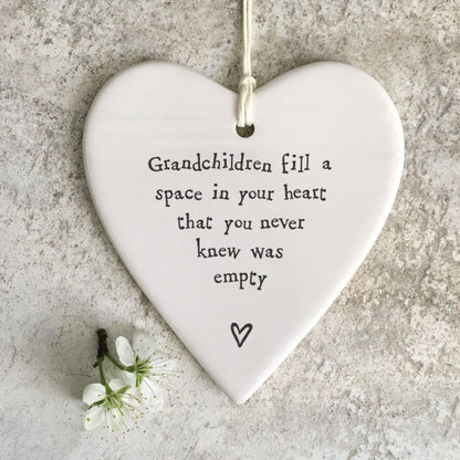 East Of India Grandchildren Fill A Space Heart Shaped Ceramic Hanging Plaque
