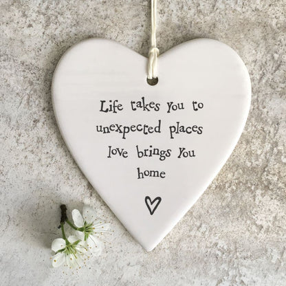 East Of India Love Brings You Home Heart Shaped Ceramic Hanging Plaque
