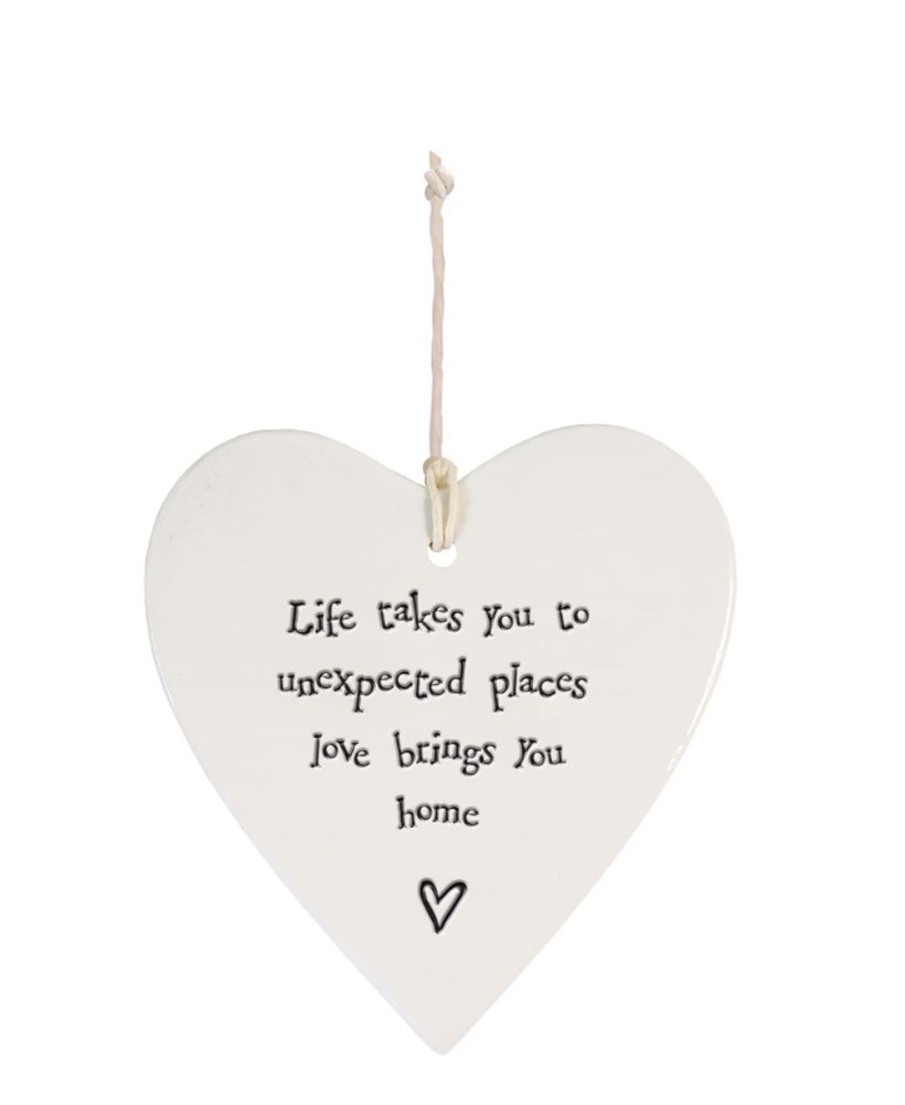 East Of India Love Brings You Home Heart Shaped Ceramic Hanging Plaque