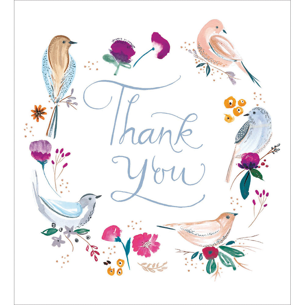 Thank You Painted Birds & Flowers Thank You Greeting Card