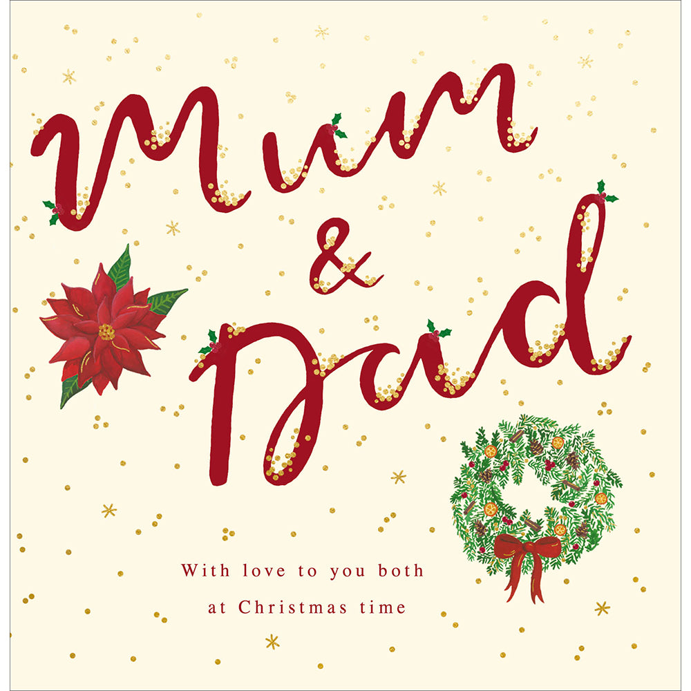 Mum & Dad Christmas Wreath & Poinsettia Foiled Christmas Card