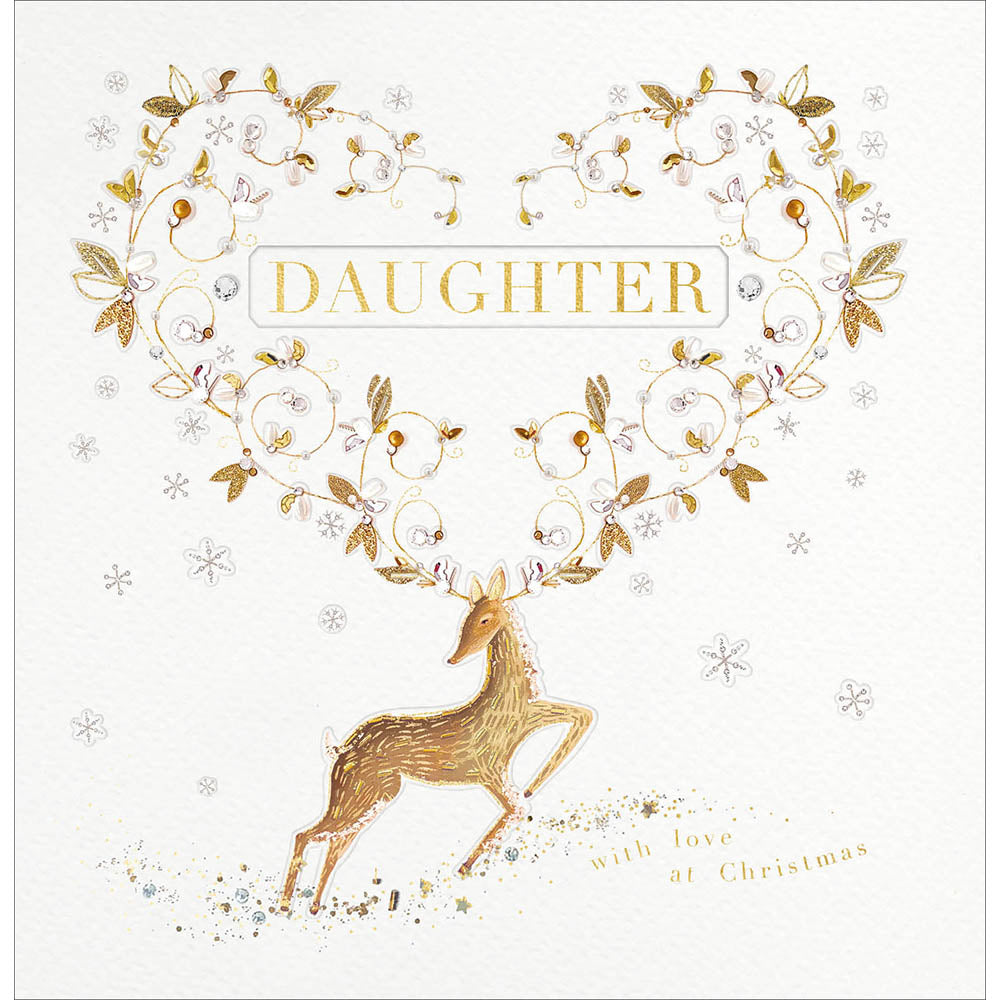 Daughter Deer & Foliage Embellished & Embossed Christmas Card