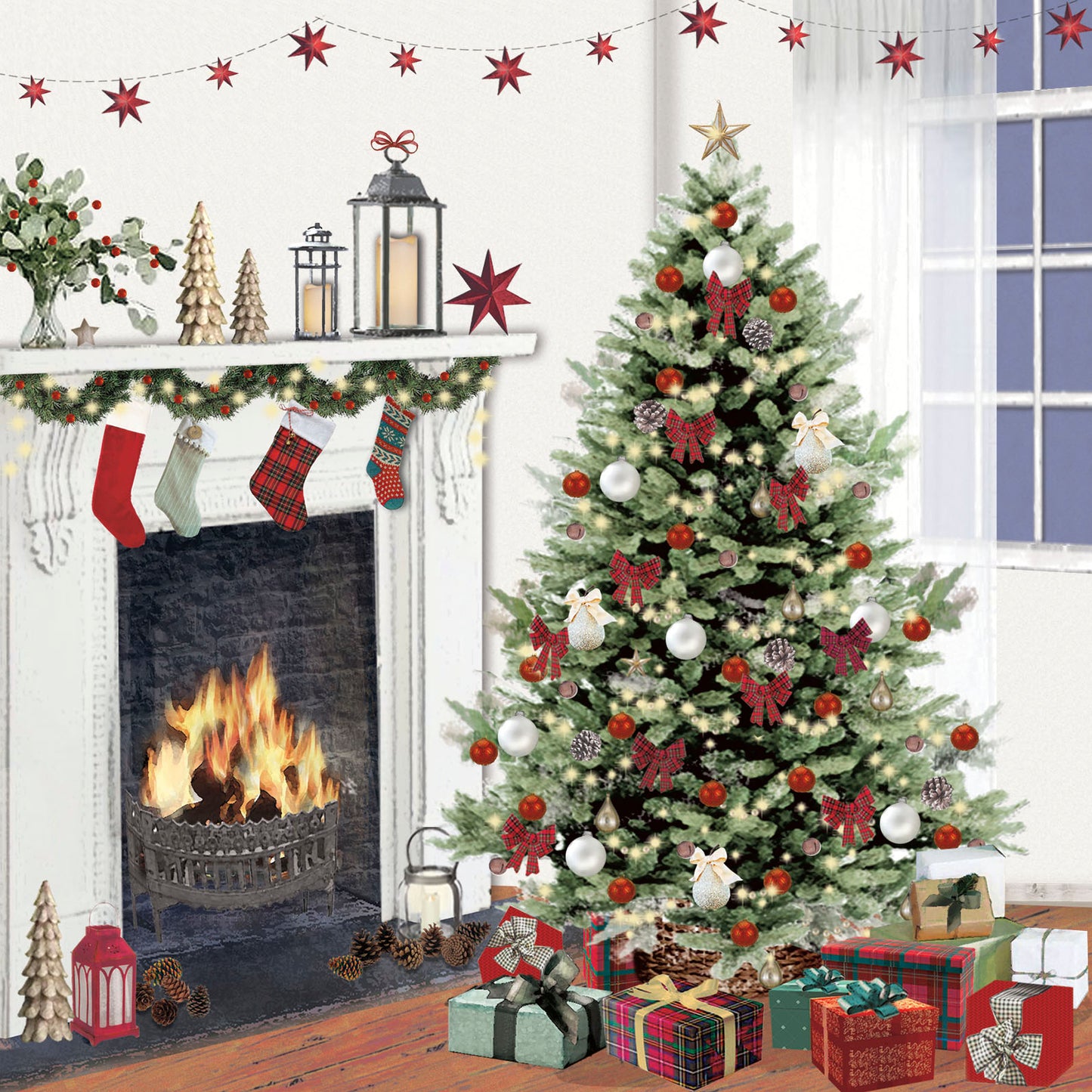 Pack of 8 Cosy Fireside Xmas Tree NSPCC Charity Christmas Cards