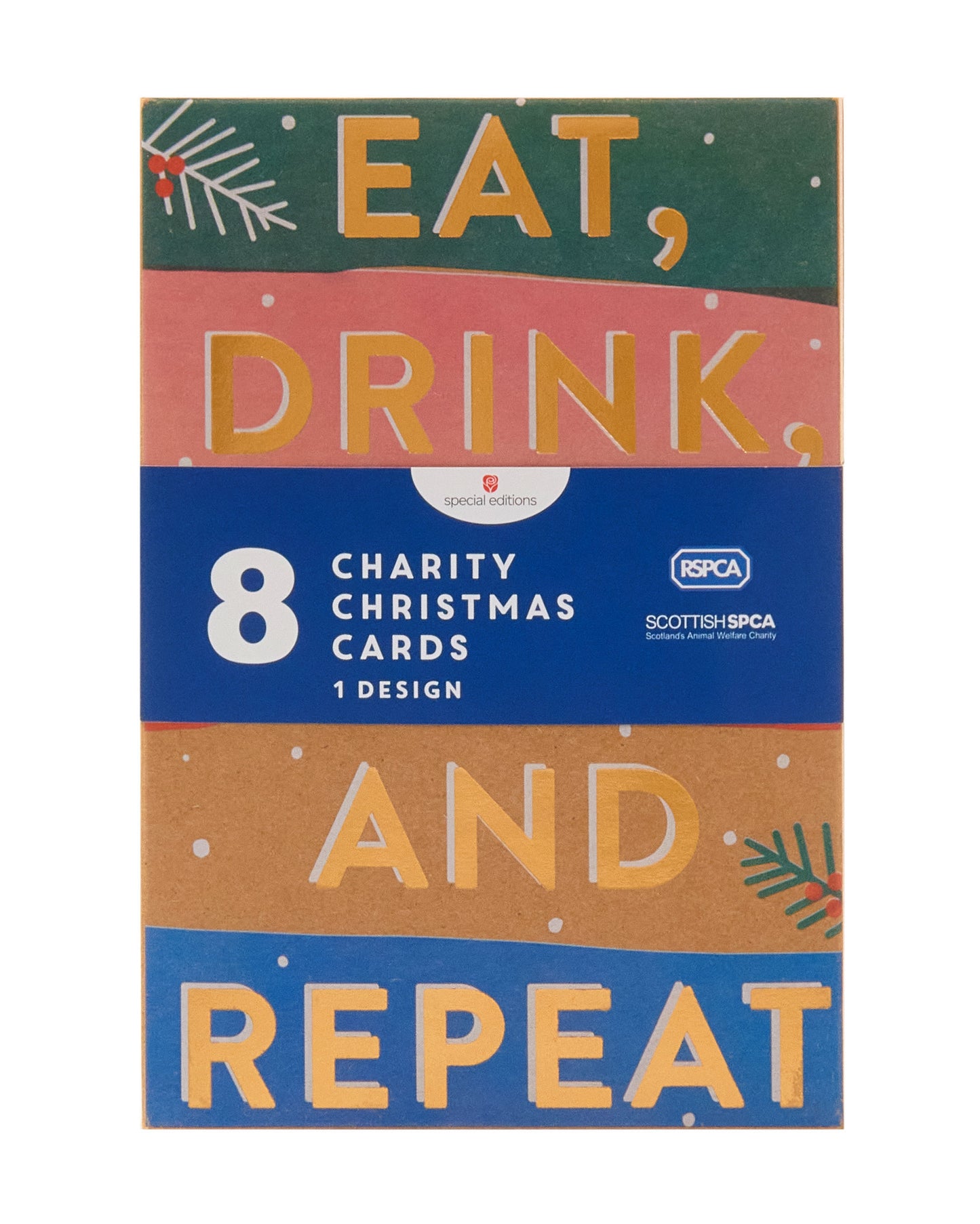 Box of 8 Eat, Drink & Repeat Foiled RSPCA Charity Christmas Cards