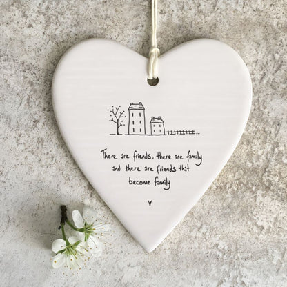East Of India Friends Can Be Family Wobbly Heart Shaped Ceramic Hanging Plaque