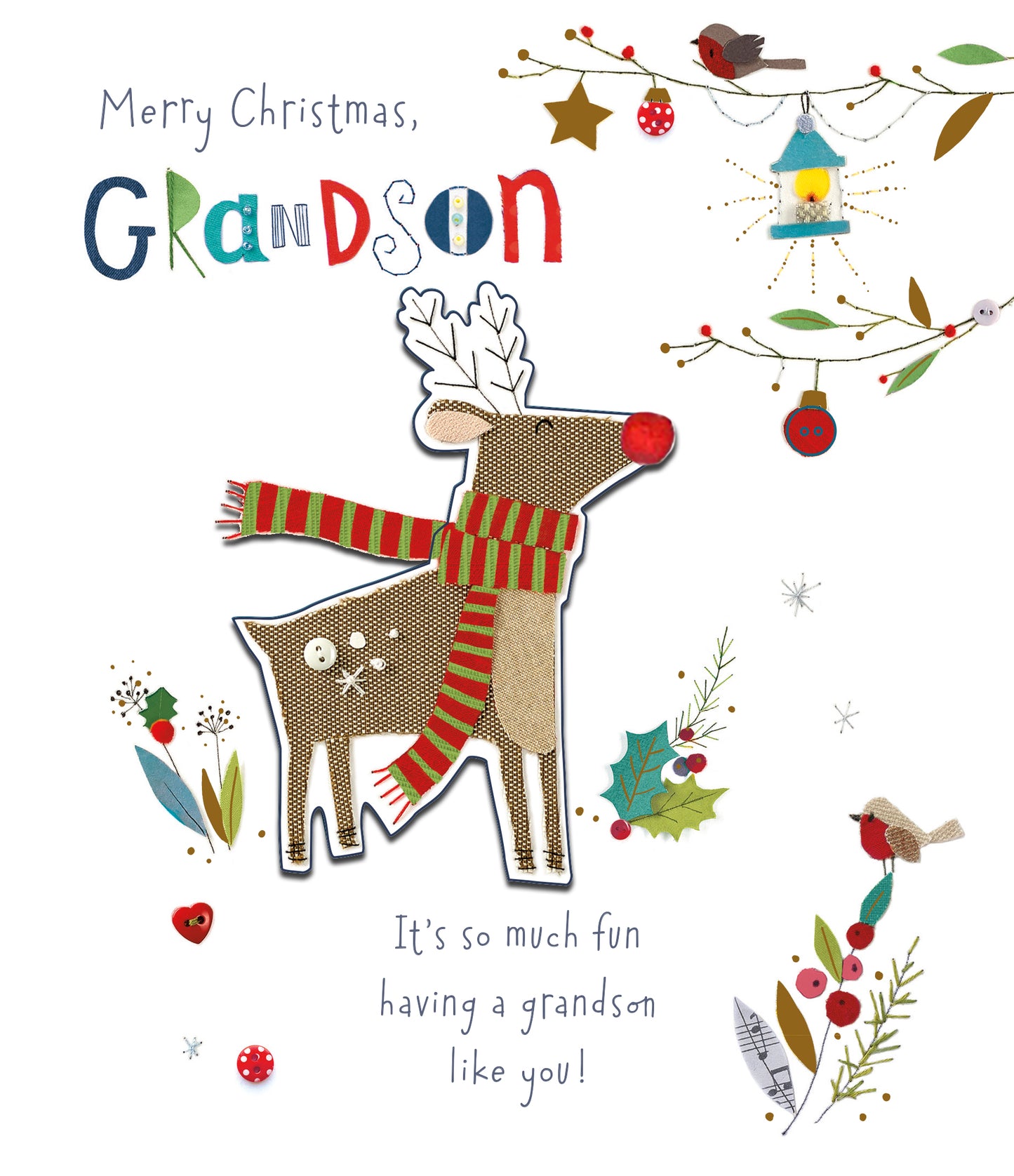 Grandson Embellished Button Box Christmas Greeting Card
