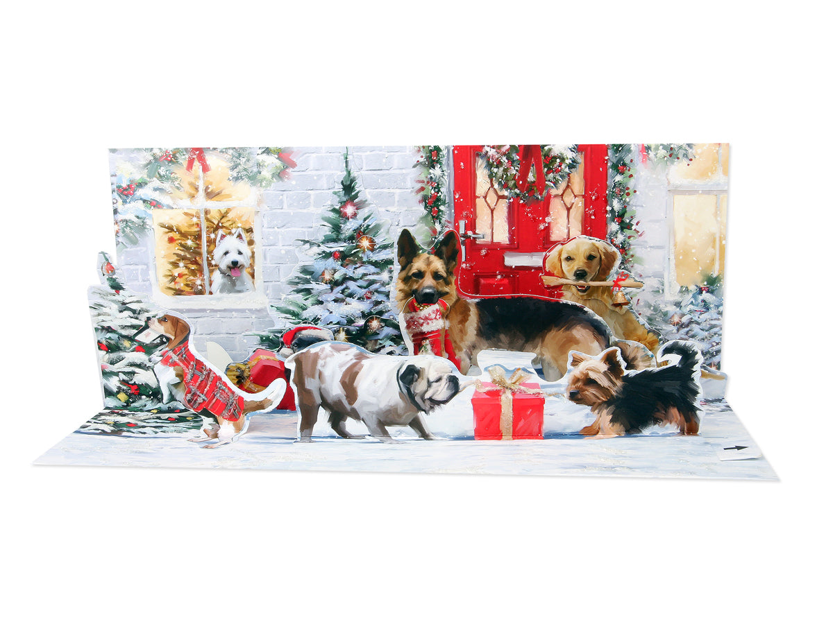 Dogs Xmas Fun Panoramic Pop-Up Christmas Greeting Card