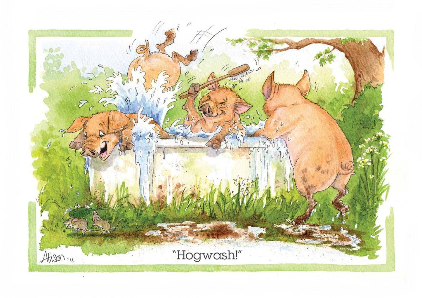 Hogwash Pigs In A Bath Alison's Animals Cartoon Greeting Card