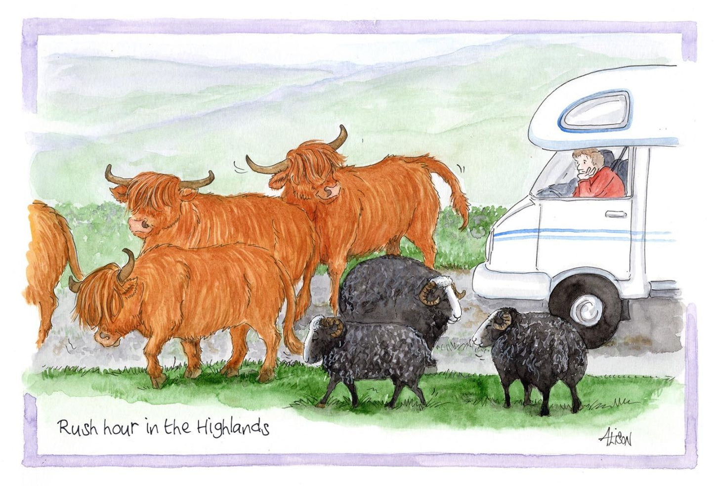 Rush Hour In The Highlands Alison's Animals Cartoon Greeting Card