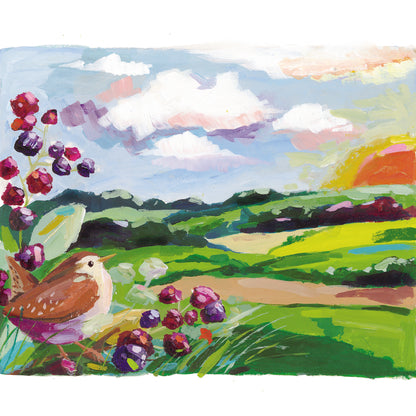Colourful Morning Wren Artistic Water Colours Blank Greeting Card