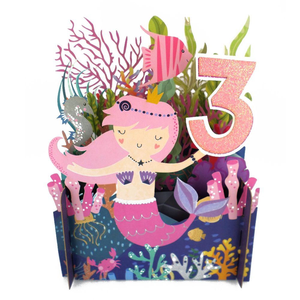 Girls 3rd Birthday Mermaid & Seahorse 3D Pop Up Birthday Greeting Card