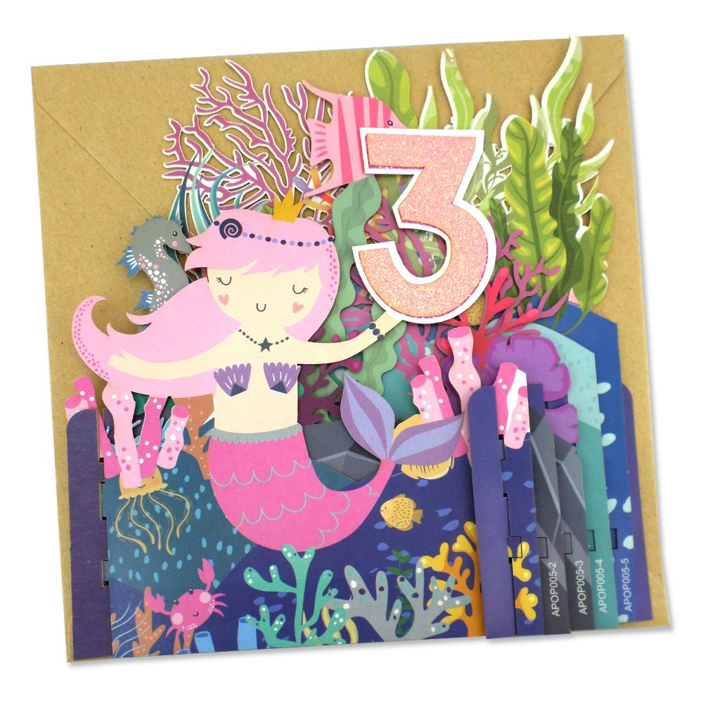 Girls 3rd Birthday Mermaid & Seahorse 3D Pop Up Birthday Greeting Card