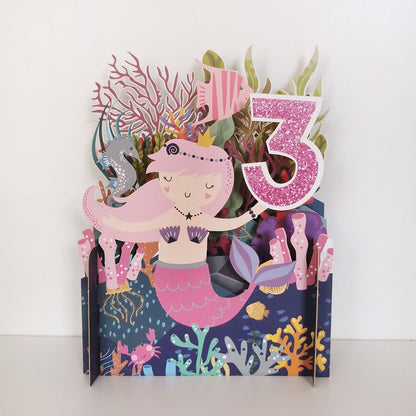Girls 3rd Birthday Mermaid & Seahorse 3D Pop Up Birthday Greeting Card