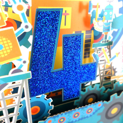 Boys 4th Birthday Robots 3D Pop Up Birthday Greeting Card