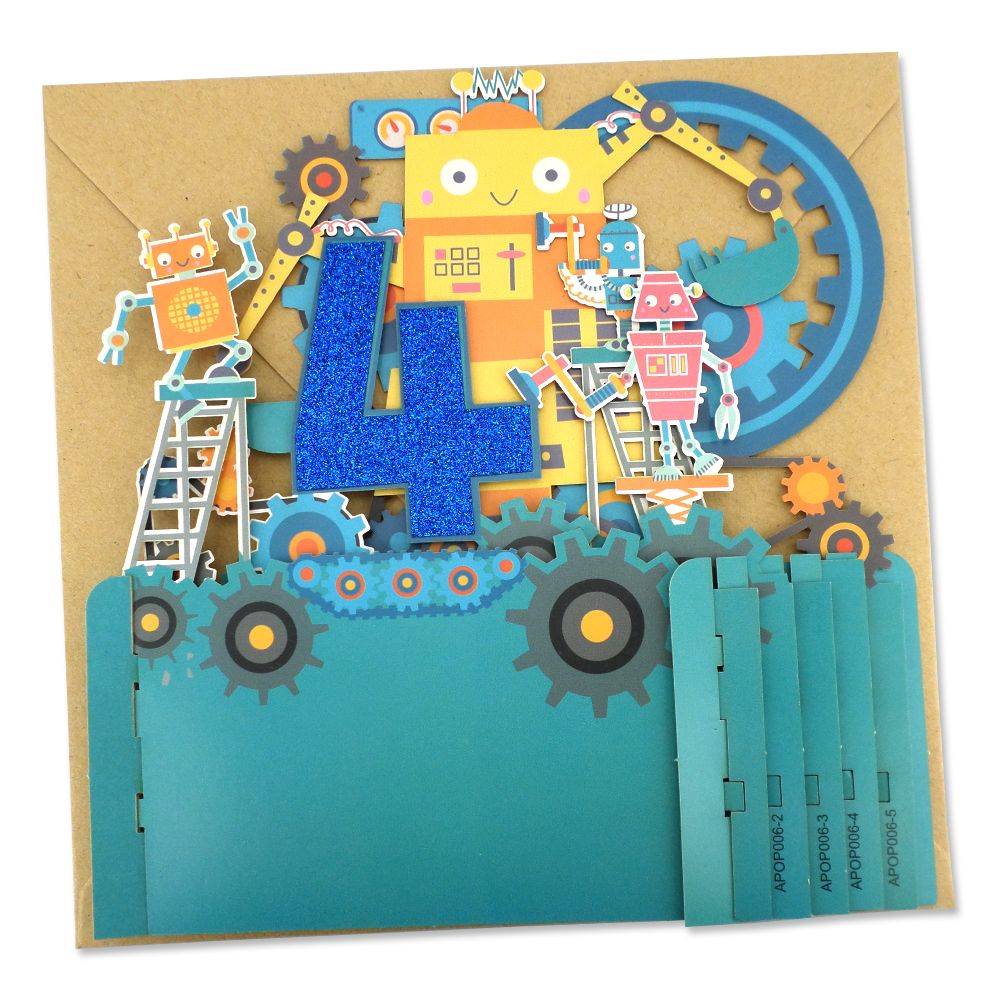 Boys 4th Birthday Robots 3D Pop Up Birthday Greeting Card