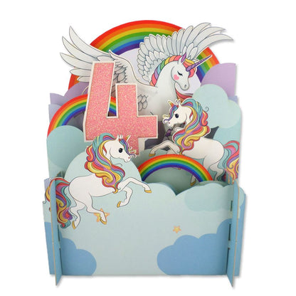 Girls 4th Birthday Flying Unicorn 3D Pop Up Birthday Greeting Card