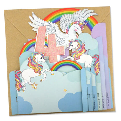 Girls 4th Birthday Flying Unicorn 3D Pop Up Birthday Greeting Card