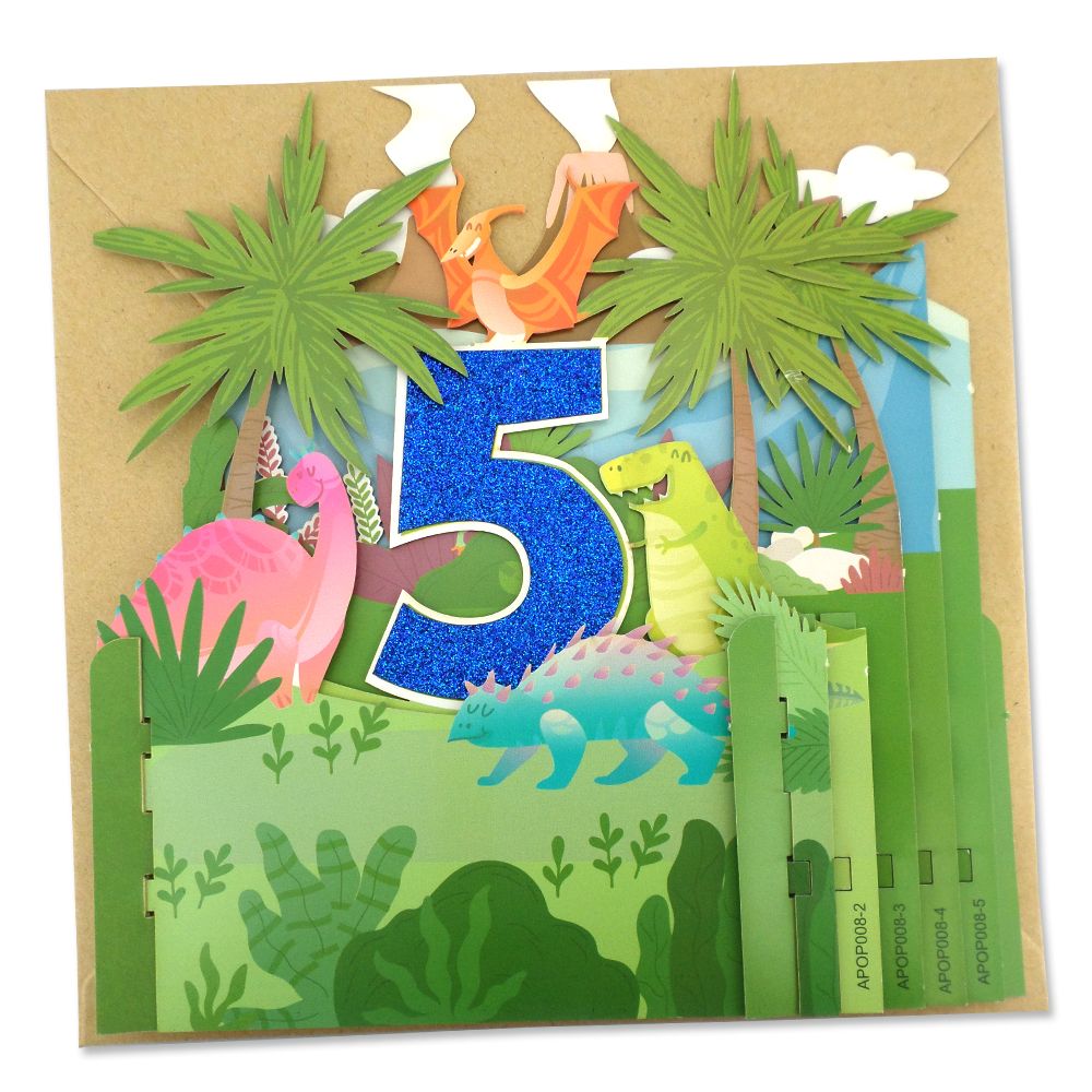 Boys 5th Birthday Dinosaurs 3D Pop Up Birthday Greeting Card
