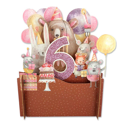 Girls 6th Birthday Party Bear 3D Pop Up Birthday Greeting Card