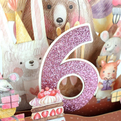 Girls 6th Birthday Party Bear 3D Pop Up Birthday Greeting Card