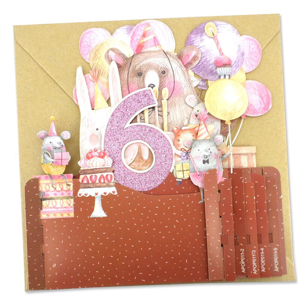 Girls 6th Birthday Party Bear 3D Pop Up Birthday Greeting Card