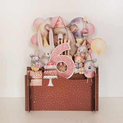 Girls 6th Birthday Party Bear 3D Pop Up Birthday Greeting Card