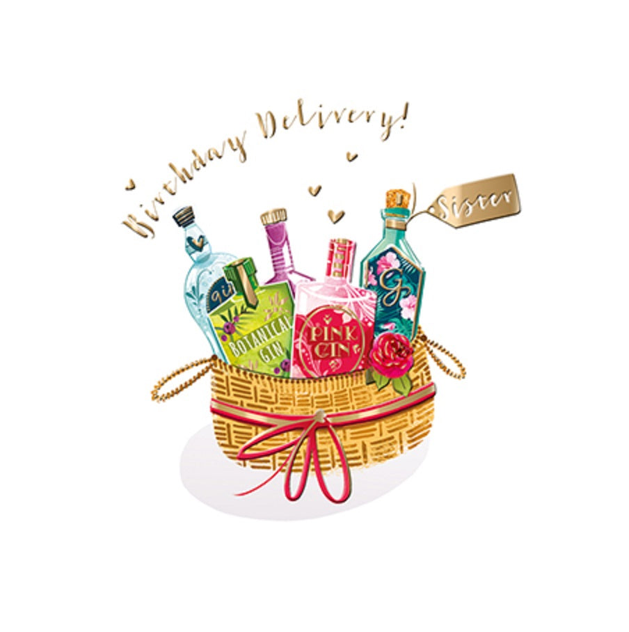 Sister Gin Basket Birthday Greeting Card By The Curious Inksmith