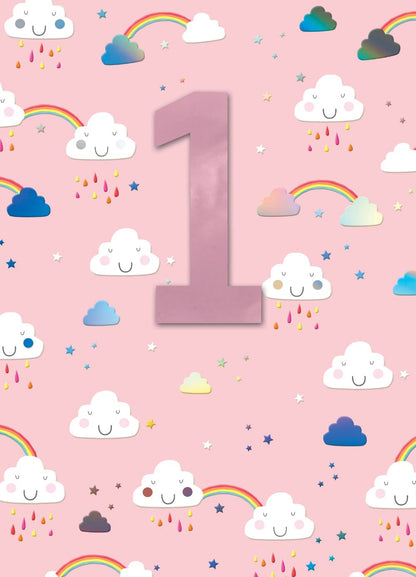 Girls 1st Birthday Rainbow & Clouds Embellished Greeting Card