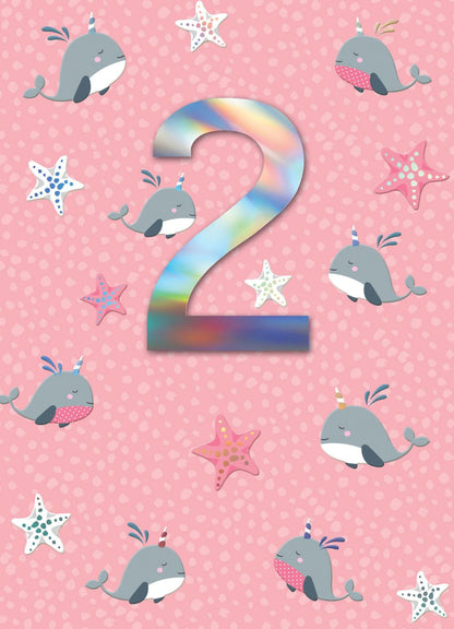 Girls 2nd Birthday Narwhals & Starfish Embellished Greeting Card